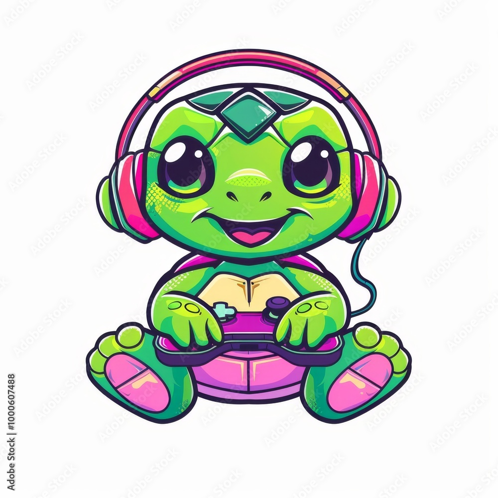 Obraz premium Kawaii Turtle With Headset