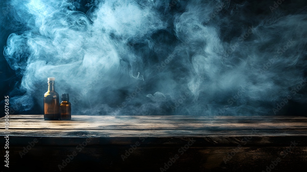 2. A rustic wooden table with an empty space for product display, surrounded by swirling smoke on a dark backdrop, adding an intriguing and dramatic effect 2. A rustic wooden table with an empty space for product display, surrounded by swirling smoke on a dark backdrop, adding an intriguing and dramatic effect