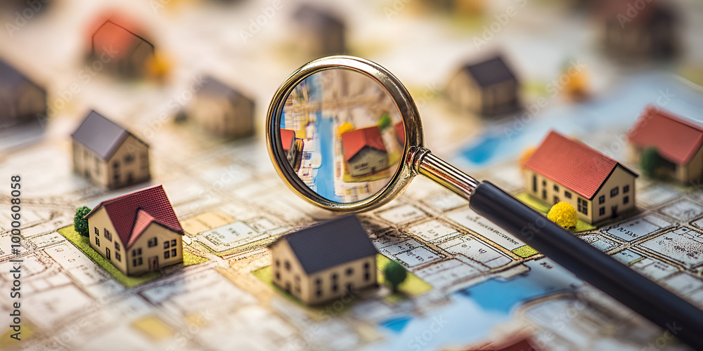 Magnifying Glass Over Map with Model Houses Magnifying Glass Over Map with Model Houses