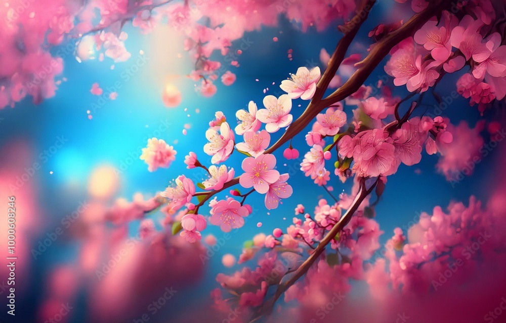 Pink cherry blossoms in full bloom against a blue sky, with delicate petals falling like rain. Pink cherry blossoms in full bloom against a blue sky, with delicate petals falling like rain.