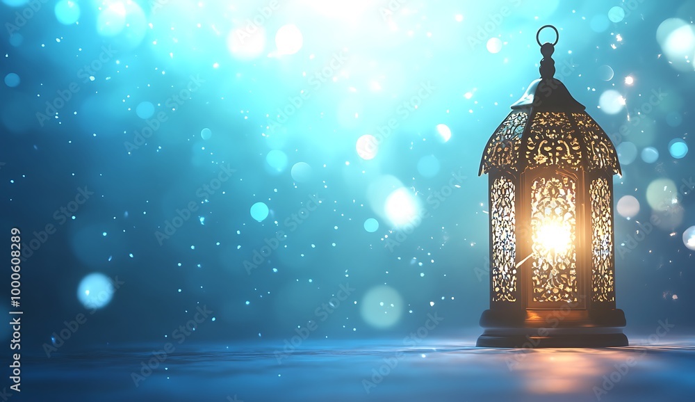 Eid Mubarak and Ramadan Kareem greetings with an Islamic lantern behind the Arabic lamp on a blue background. Eid Mubarak and Ramadan Kareem greetings with an Islamic lantern behind the Arabic lamp on a blue background.