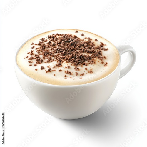 A realistic depiction of a cappuccino cup with frothy milk and chocolate sprinkles, isolated for impact