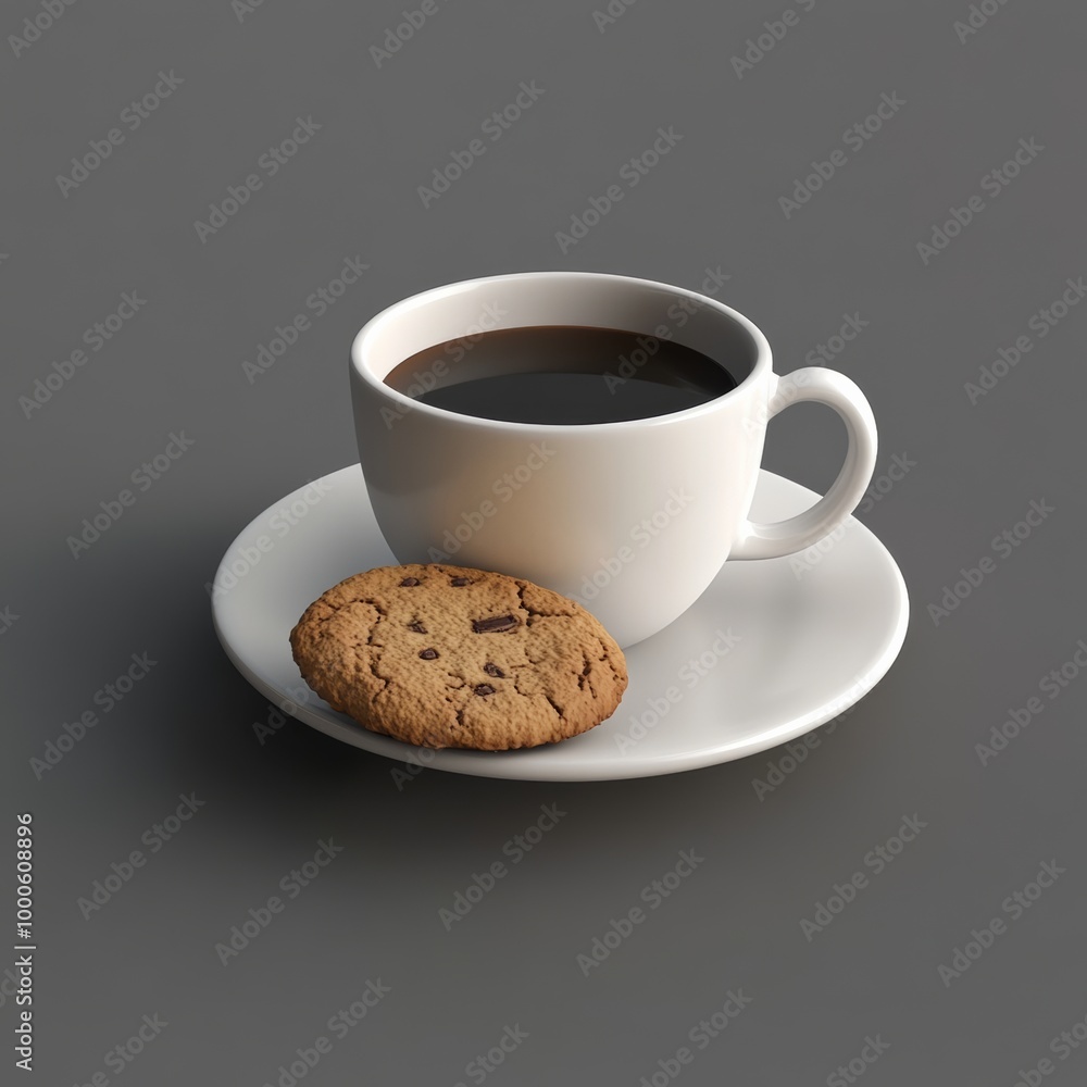 A simple 3D depiction of a coffee cup with a cookie, highlighting the classic pairing for a coffee break A simple 3D depiction of a coffee cup with a cookie, highlighting the classic pairing for a coffee break