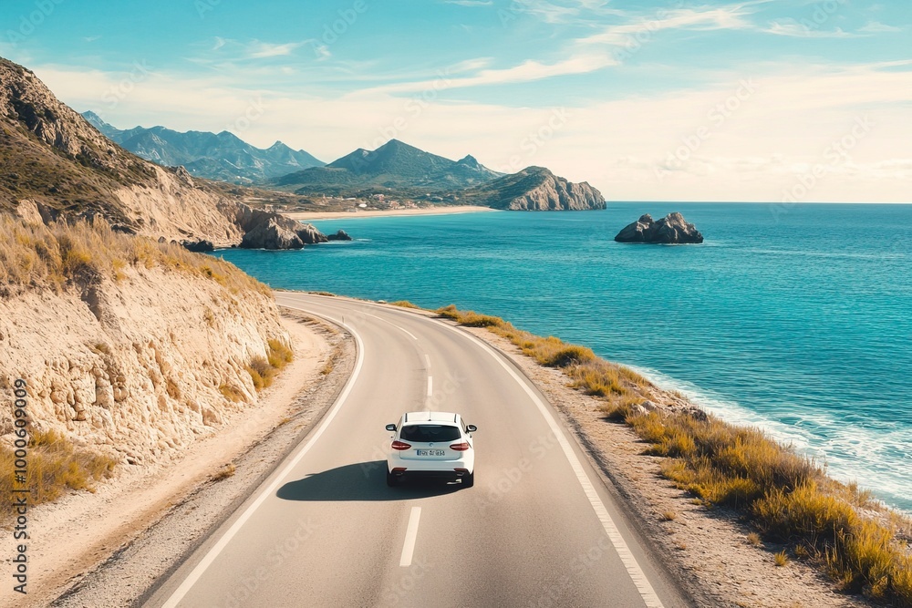 White car drive on road of mediterranean beach. driving on coast of Spain. Highway view on coast on way to summer holiday. Europe travel trip in sea coast road landscape. generative ai White car drive on road of mediterranean beach. driving on coast of Spain. Highway view on coast on way to summer holiday. Europe travel trip in sea coast road landscape. generative ai