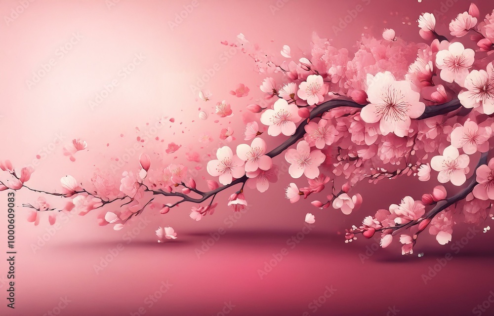 Fototapeta premium Pink blossom branch with falling petals against a soft pink background.