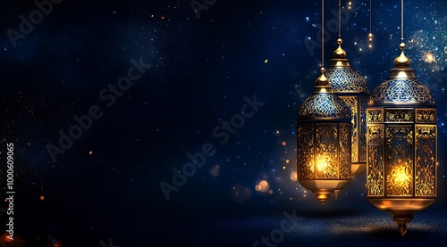 Eid Mubarak and Ramadan Kareem greetings with an Islamic lantern behind the Arabic lamp on a blue background.