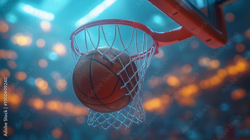 Basketball swishing through the net in a stadium, captured in motion under bright lights with bokeh effect, symbolizing victory Basketball swishing through the net in a stadium, captured in motion under bright lights with bokeh effect, symbolizing victory