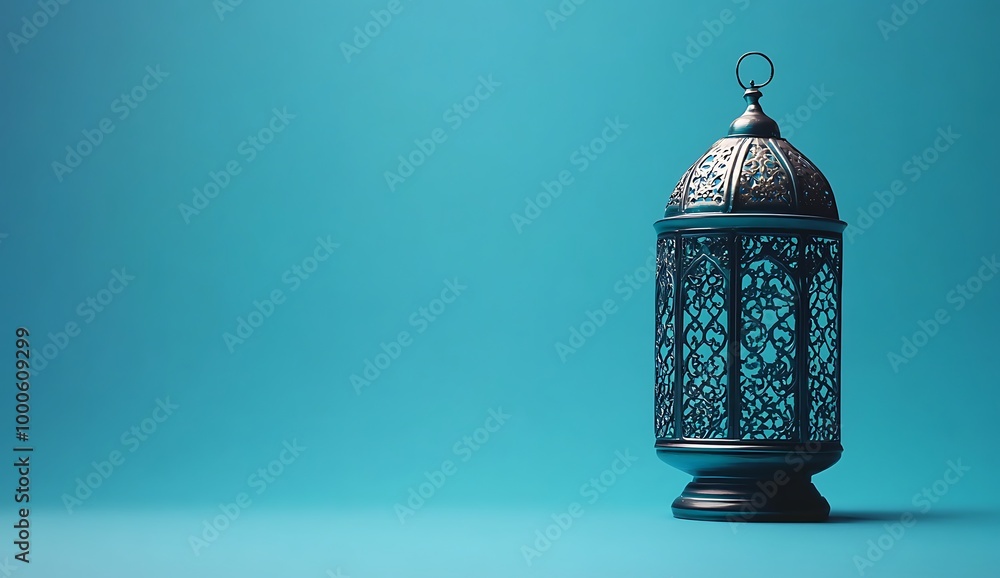 Naklejka premium Eid Mubarak and Ramadan Kareem greetings with an Islamic lantern behind the Arabic lamp on a blue background.