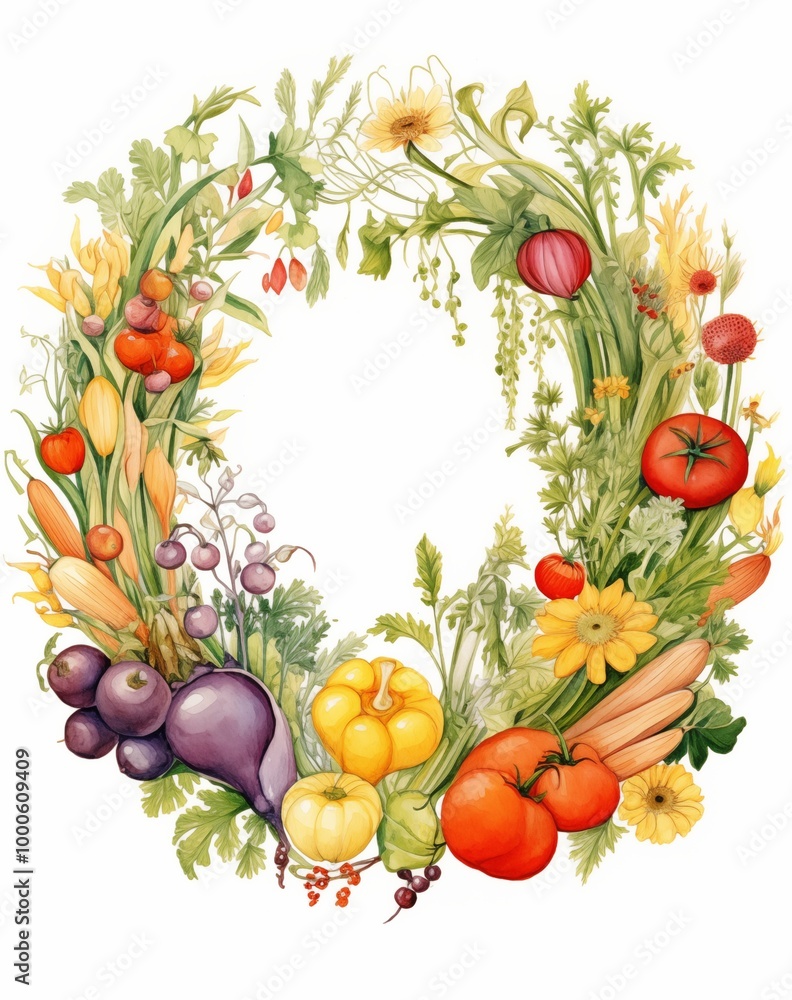 Watercolor Harvest Wreath with Vegetables and Fruits Watercolor Harvest Wreath with Vegetables and Fruits