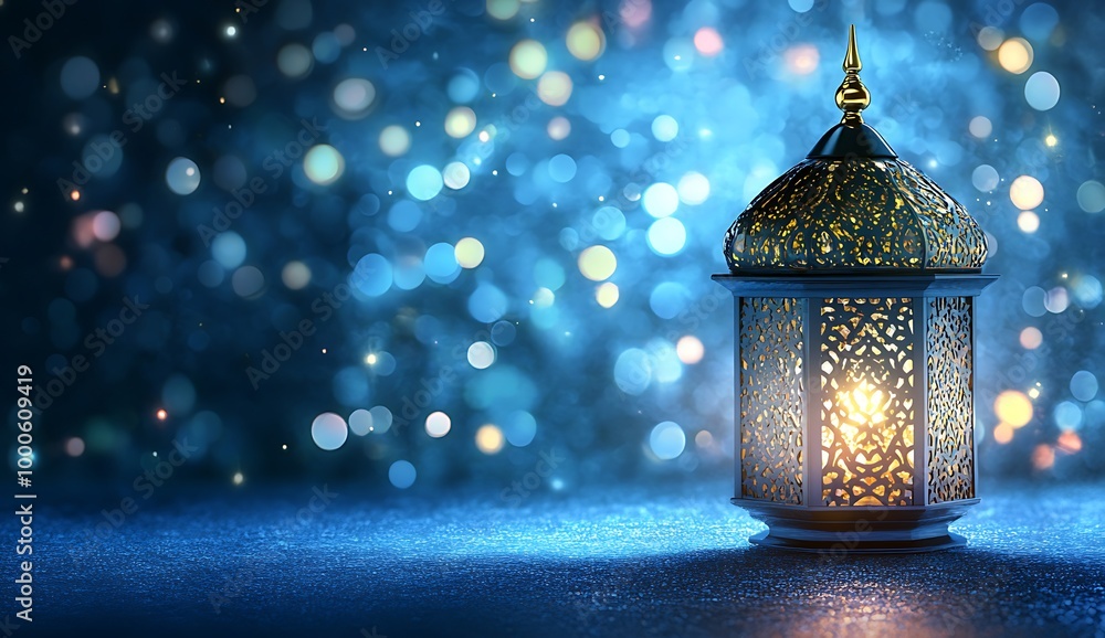 Eid Mubarak and Ramadan Kareem greetings with an Islamic lantern behind the Arabic lamp on a blue background. Eid Mubarak and Ramadan Kareem greetings with an Islamic lantern behind the Arabic lamp on a blue background.