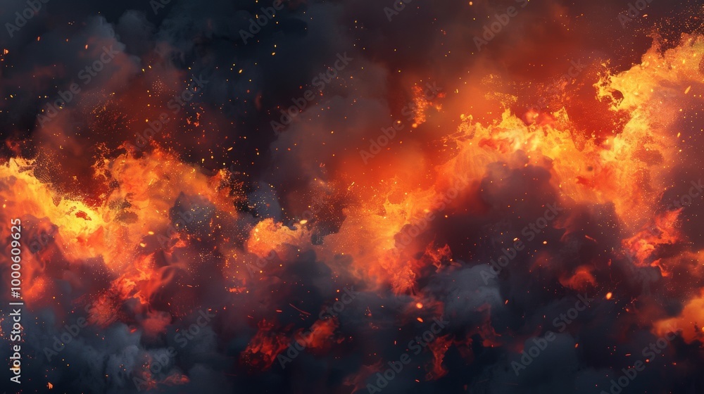 Intense Fiery Explosion with Billowing Flames and Dramatic Smoke Intense Fiery Explosion with Billowing Flames and Dramatic Smoke