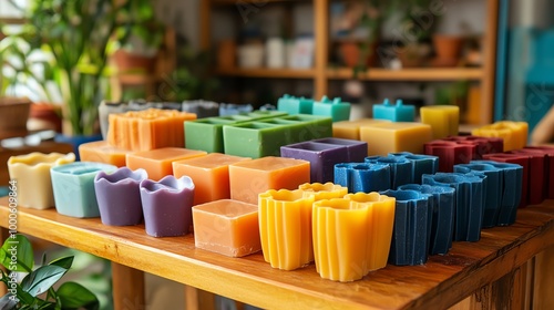 A variety of colorful handmade soaps displayed on a wooden table in a shop.