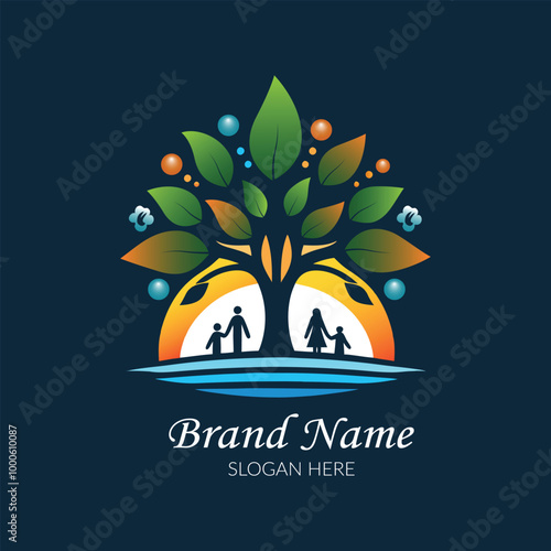 Family health care logo design template with family members under a tree illustration