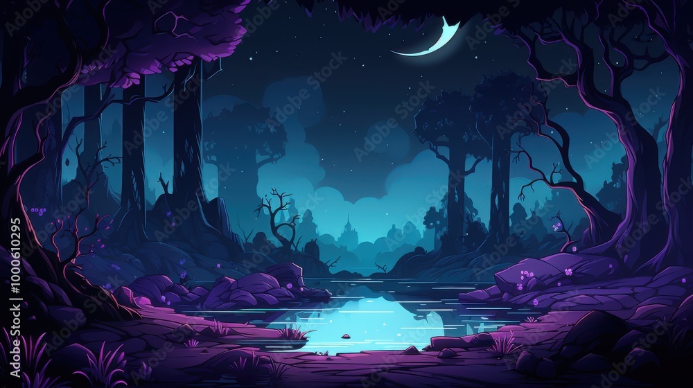 Fototapeta premium A Nighttime Forest Scene with a Crescent Moon and a River