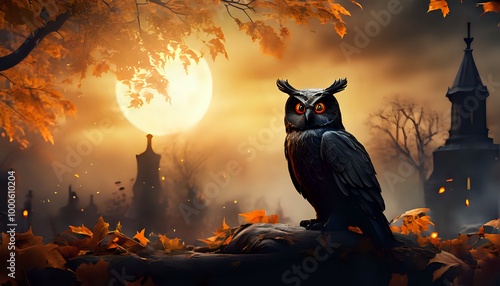 Halloween Background with Owl, Old Cemetery and Full Moon - Generative Ai 