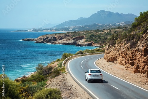 White car drive on road of mediterranean beach. driving on coast of Spain. Highway view on coast on way to summer holiday. Europe travel trip in sea coast road landscape. generative ai