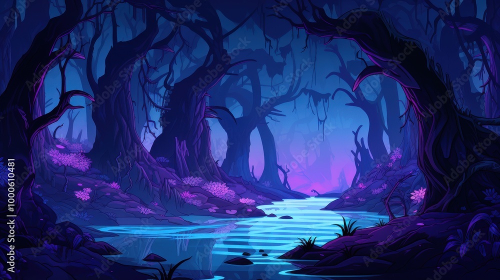 Fototapeta premium A Glowing River Winding Through a Dark Forest