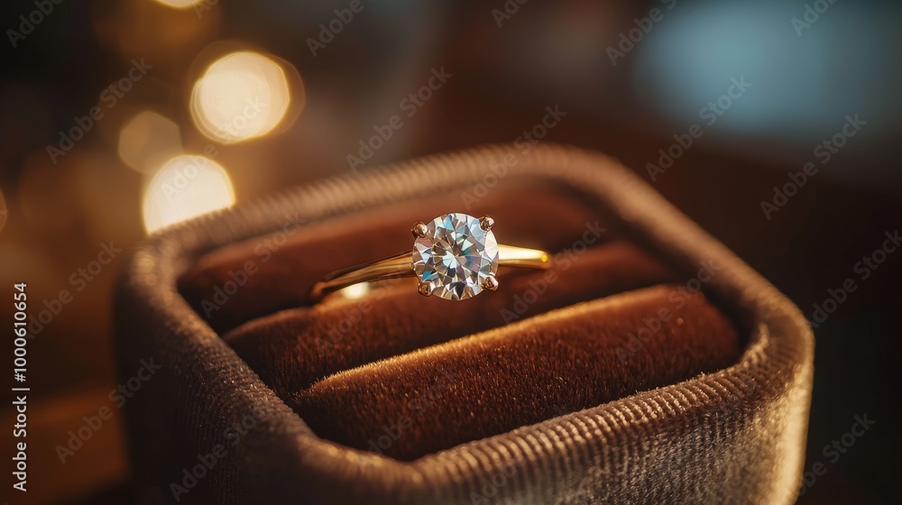 Elegant gold diamond ring on a brown velvet box, set against a warm bokeh background. Elegant gold diamond ring on a brown velvet box, set against a warm bokeh background.