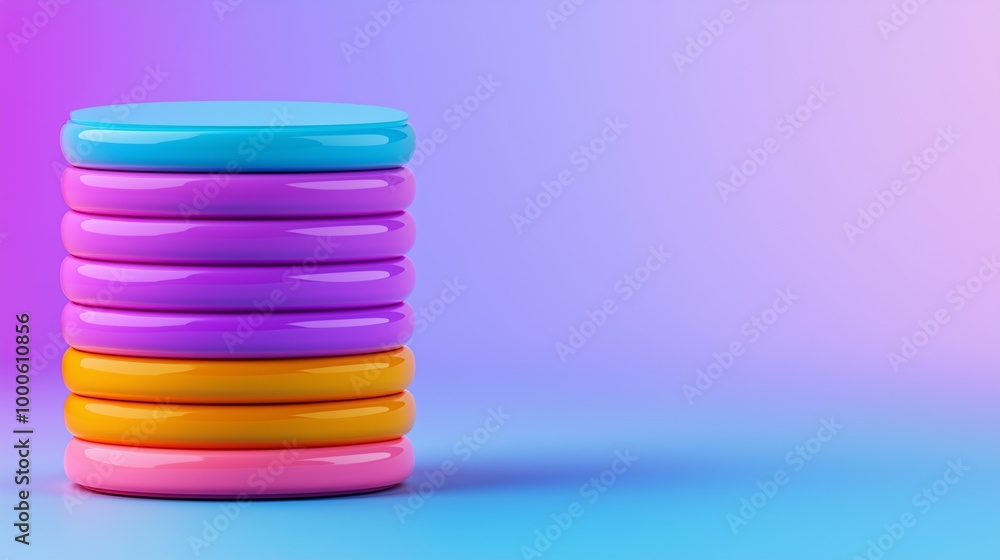 A colorful stack of shiny discs highlighting vibrant hues against a soft gradient background, ideal for playful and modern designs. A colorful stack of shiny discs highlighting vibrant hues against a soft gradient background, ideal for playful and modern designs.