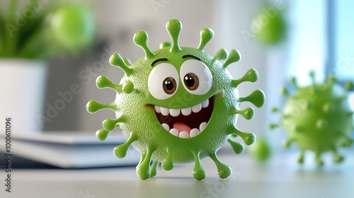 Cute cartoon virus character with joyful expression, isolated on a bright background, ideal for educational materials. photo