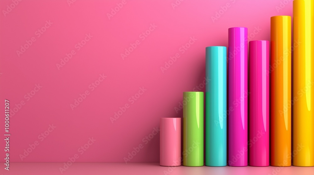 Colorful cylindrical bars representing growth and progress against a vibrant pink backdrop, ideal for business and creative themes. Colorful cylindrical bars representing growth and progress against a vibrant pink backdrop, ideal for business and creative themes.