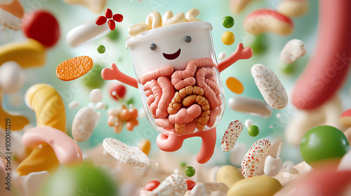 Whimsical character blends brain and food elements, creating a fun representation of digestion and health. photo