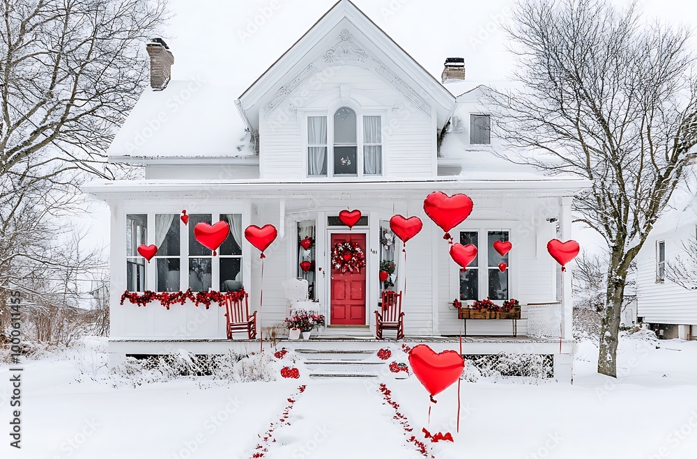 Naklejka premium A classic house decorated for Valentine's Day with heart-shaped balloons and red accents, showcasing the front porch with white railings adorned in pink ribbons and bows