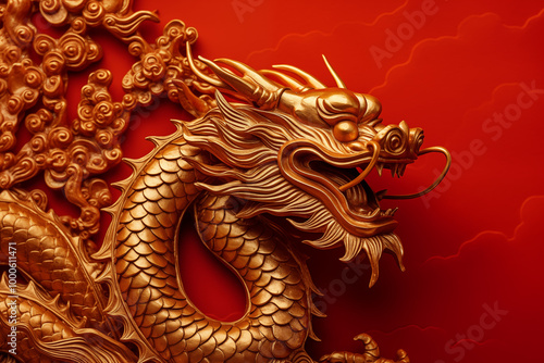 Wallpaper Mural Chinese golden dragon isolated on red background  Torontodigital.ca