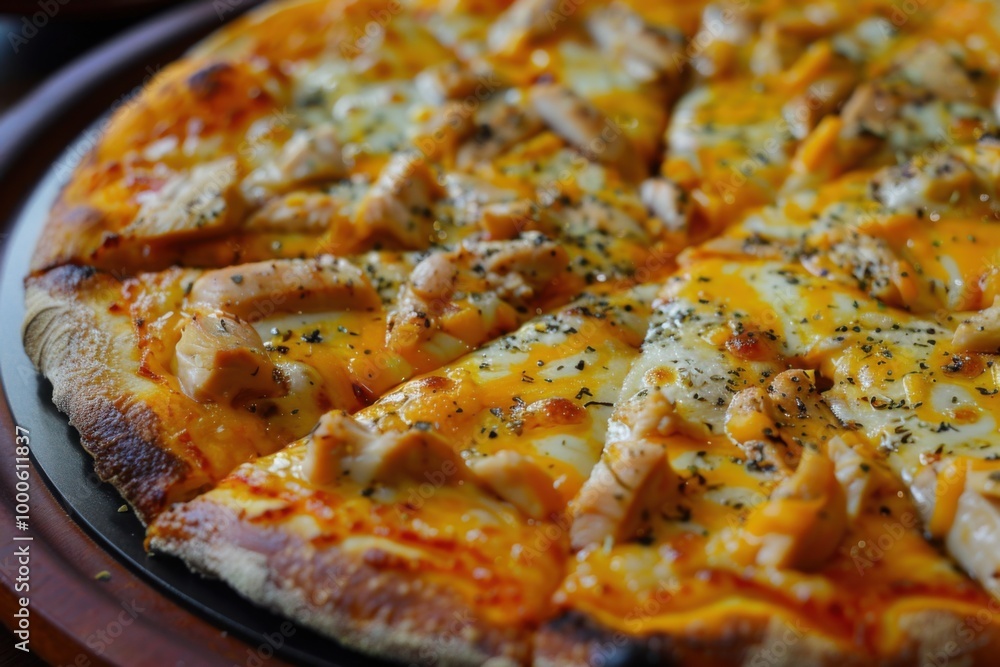 Cheesy chicken pizza on a crispy crust served on a wooden board for a delicious comfort meal
Cheesy chicken pizza on a crispy crust served on a wooden board for a delicious comfort meal