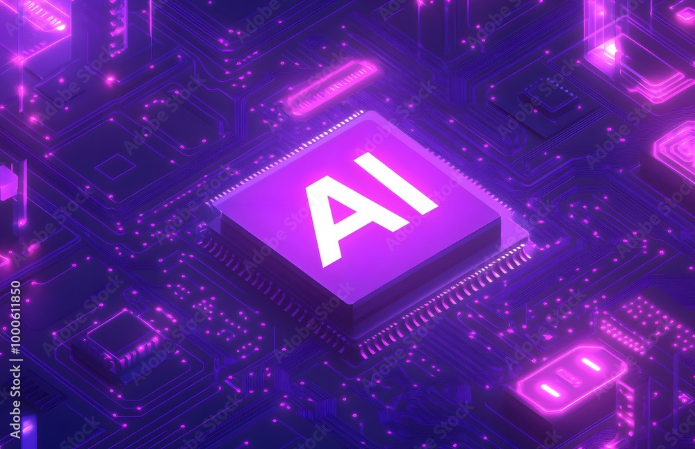 A digital illustration of AI in bold white letters, floating above an abstract circuit board background with glowing nodes and wires. A digital illustration of AI in bold white letters, floating above an abstract circuit board background with glowing nodes and wires.