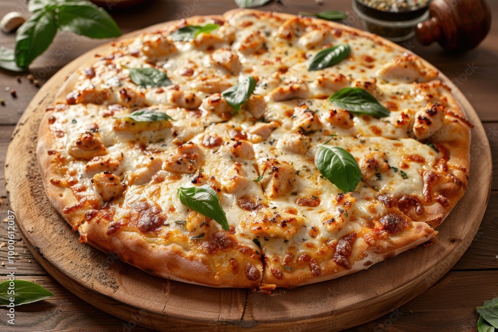 Cheesy chicken pizza topped with fresh parsley and garlic on a crispy crust for a hearty Italian meal
Cheesy chicken pizza topped with fresh parsley and garlic on a crispy crust for a hearty Italian meal