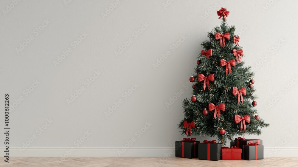 A Christmas tree with red bows on it is standing in front of a white wall A Christmas tree with red bows on it is standing in front of a white wall