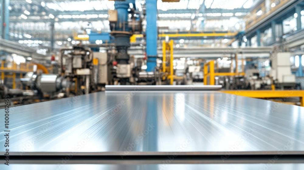 Shiny Metal Sheet on Conveyor Belt in Factory Setting Shiny Metal Sheet on Conveyor Belt in Factory Setting