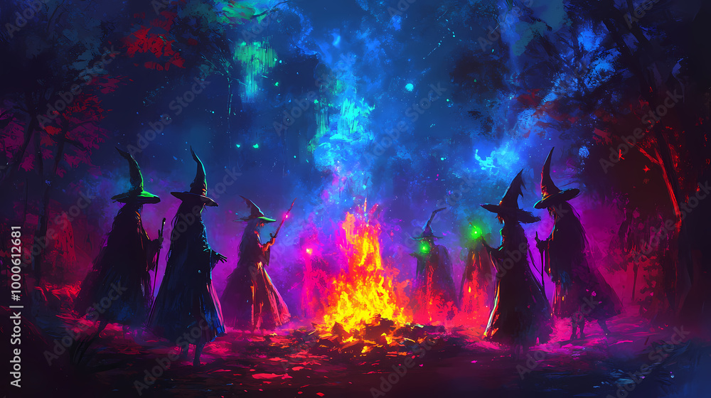 Fototapeta premium Glowing neon witches coven gathered around a bonfire, eerie halloween night with vibrant neon colors. Witch Coven. Illustration