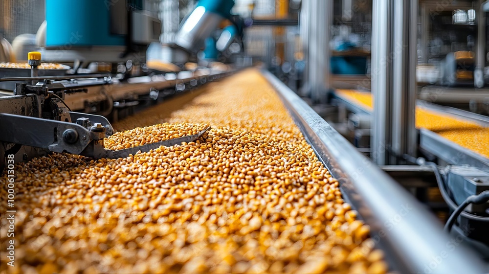 Industrial Manufacturing Production process Industrial machines processing grains in a food production facility, grain processing, food production line Industrial Manufacturing Production process Industrial machines processing grains in a food production facility, grain processing, food production line