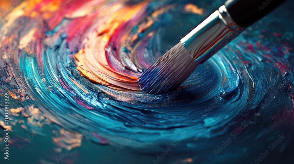 Fototapeta premium High-res close-up of a paintbrush on a digital canvas, blending swirling notes and artistic brushstrokes into an aesthetic composition.