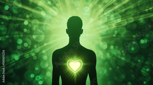 A silhouette of a person with a radiant green light emanating from a heart symbol at the center of the chest. The abstract background enhances the spiritual and ethereal energy of the image