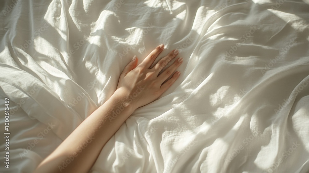Elegant Hands Resting on White Bed Sheets in Sunlight - Morning Relaxation Concept Elegant Hands Resting on White Bed Sheets in Sunlight - Morning Relaxation Concept
