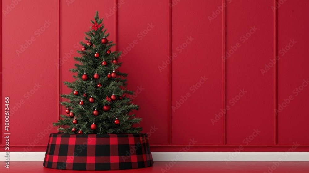 A Christmas tree with red and green decorations sits in front of a red wall. A Christmas tree with red and green decorations sits in front of a red wall.