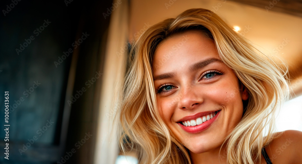 Close-up of blonde woman smiling and looking to the right, radiating happiness and warmth Close-up of blonde woman smiling and looking to the right, radiating happiness and warmth