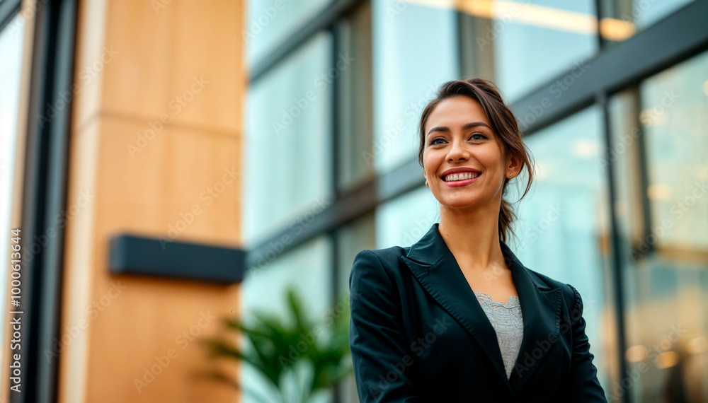 Smiling businesswoman in black blazer and grey shirt, standing by large window, radiating professionalism and confidence Smiling businesswoman in black blazer and grey shirt, standing by large window, radiating professionalism and confidence