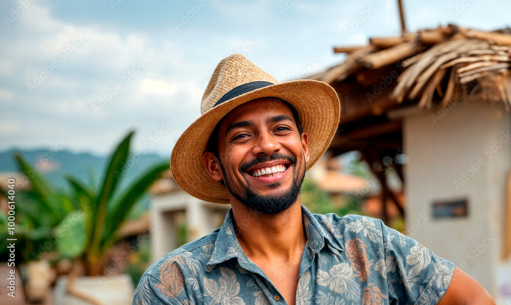 Fototapeta premium Smiling man in a straw hat and colorful shirt, capturing a cheerful summer vibe.
