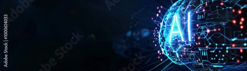 AI letters and digital brain on dark background. Concept of artificial intelligence, circuit elements and technology 