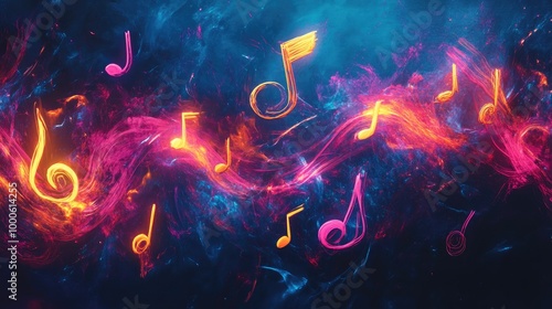 Virtual aesthetic image of musical notes being drawn with bright neon colors on a blank canvas, blending digital art with sound.