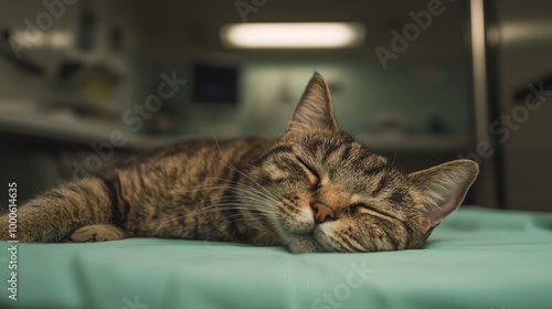 A peaceful tabby cat sleeps on a green surface, conveying a sense of tranquility in a veterinary setting. photo