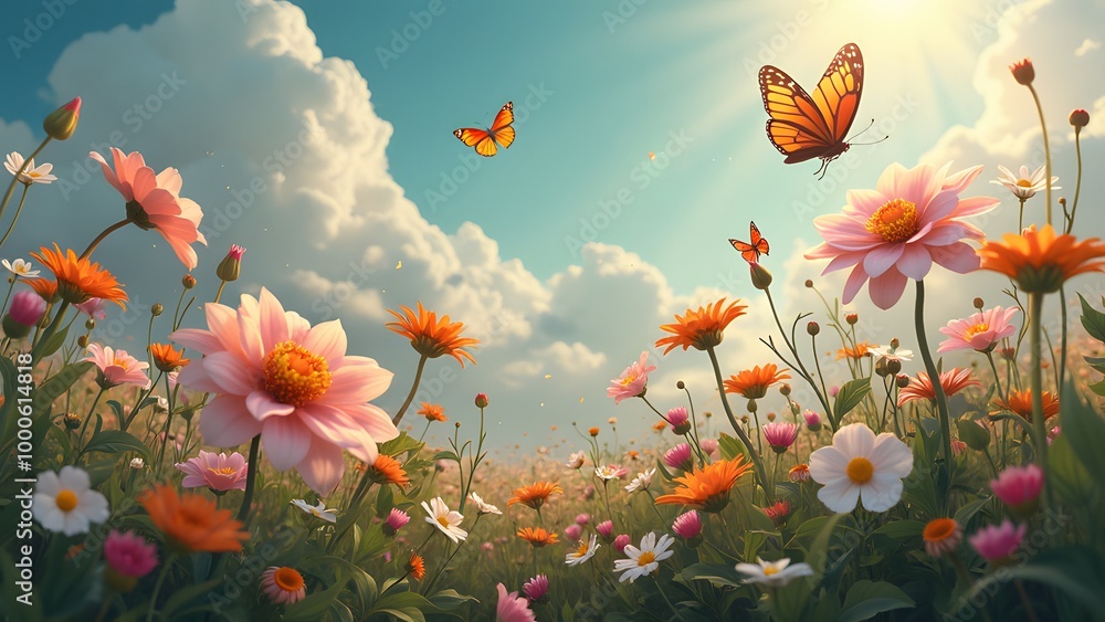 Obraz premium Flower meadow with a butterfly on sky background. Nature composition generated by AI