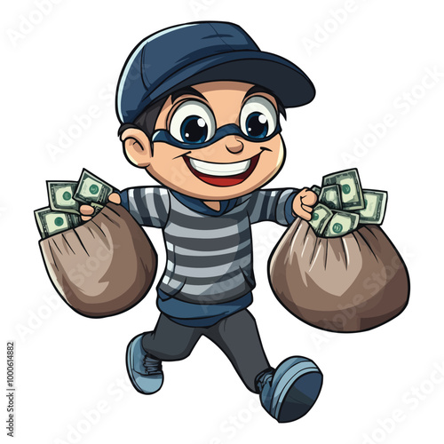 Cartoon vector illustration of a happy thief wearing a striped gray and black shirt, a blue cap with an eye mask, and running while holding two bags full of money
