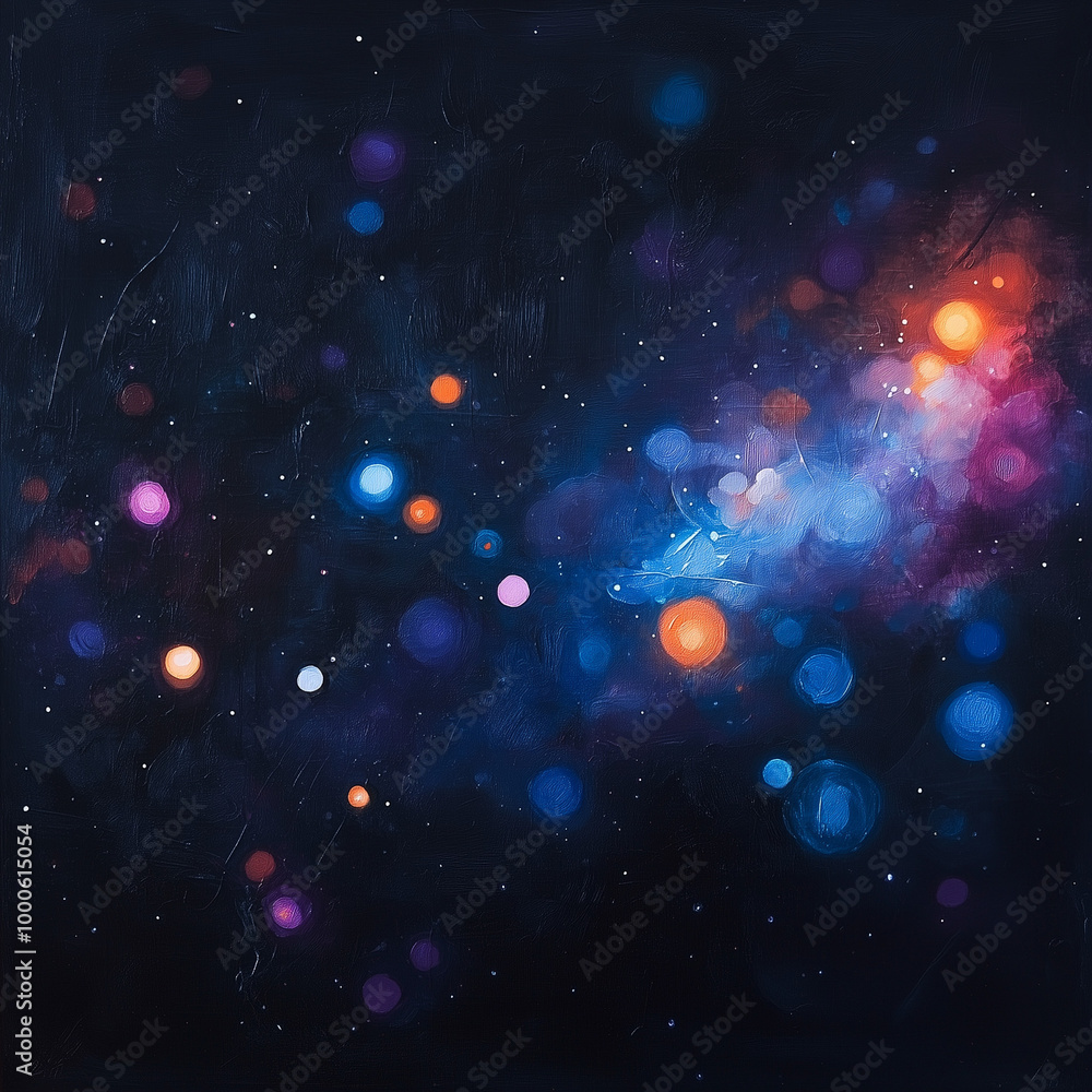 A dark, abstract night sky with colorful, soft glowing light orbs in blue, purple, and orange A dark, abstract night sky with colorful, soft glowing light orbs in blue, purple, and orange