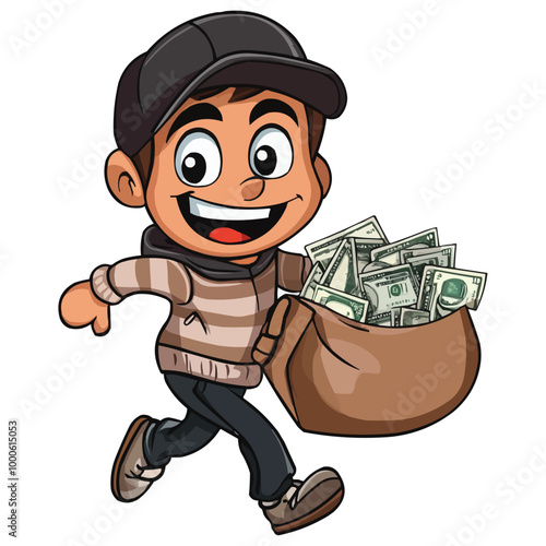 Cartoon vector illustration of a happy thief wearing a striped gray and black shirt, a blue cap with an eye mask, and running while holding two bags full of money