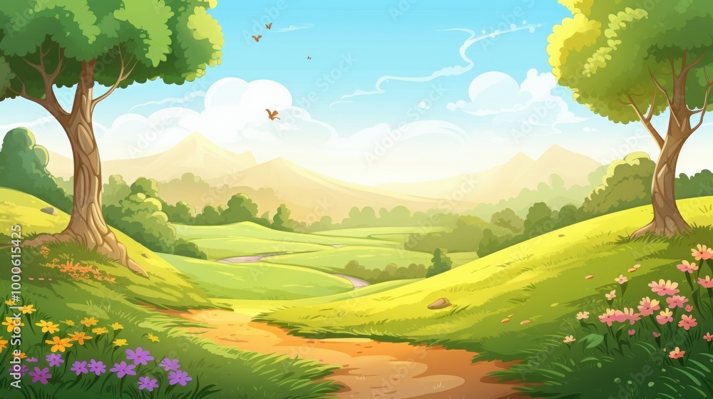 Fototapeta premium A winding path leads through a verdant valley with mountains in the distance.